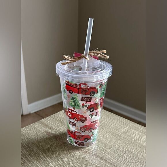 NWT … Festive Red Truck “Cut Your Own Tree’s” Tumbler with Straw - Picture 2 of 2